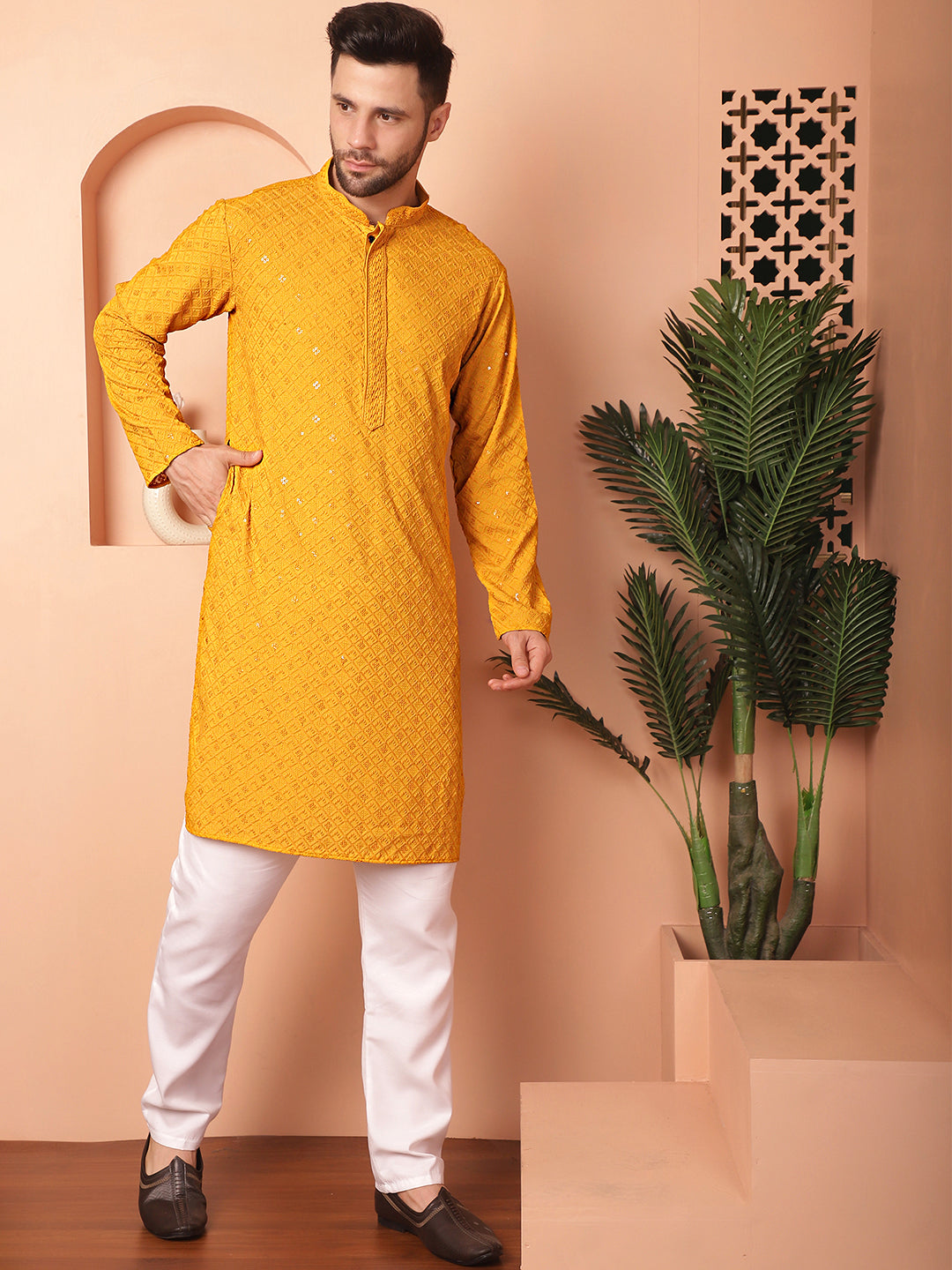 Men's Mustard Embroidered and Sequence Kurta with Pyjama - Taantav