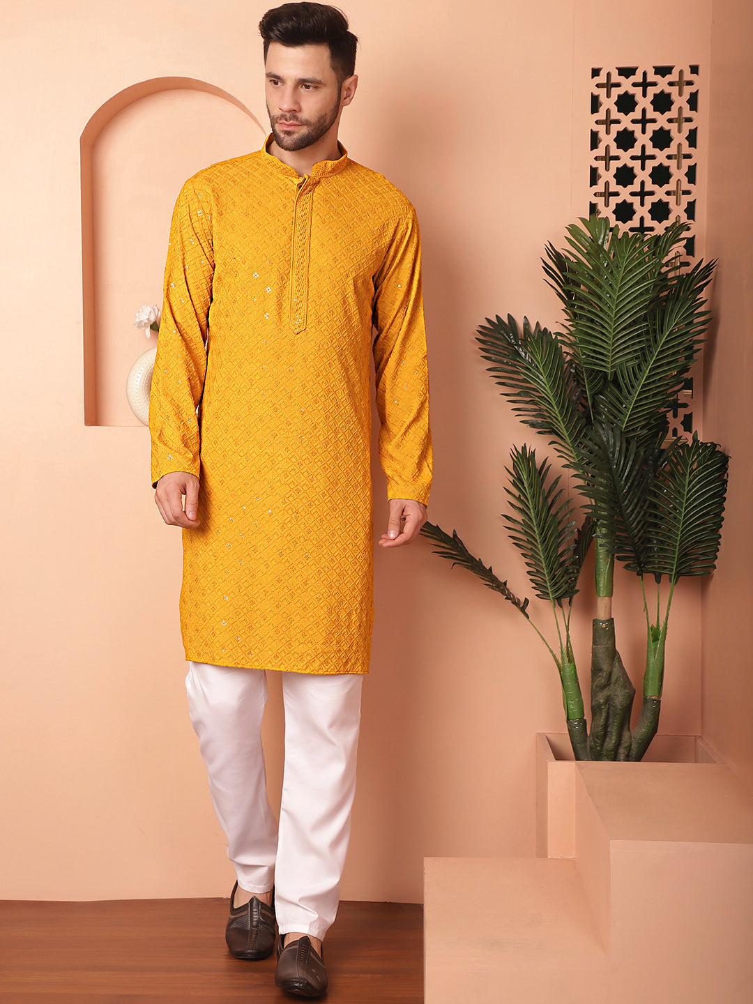 Men's Mustard Embroidered and Sequence Kurta with Pyjama - Taantav