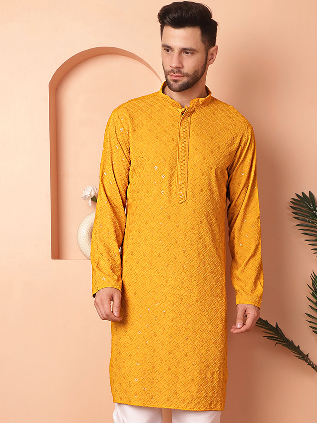 Men's Mustard Embroidered and Sequence Kurta with Pyjama - Taantav