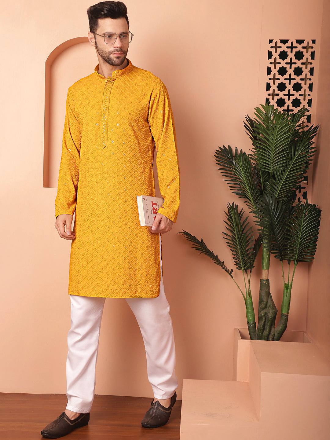 Men's Mustard Embroidered and Sequence Kurta with Pyjama - Taantav