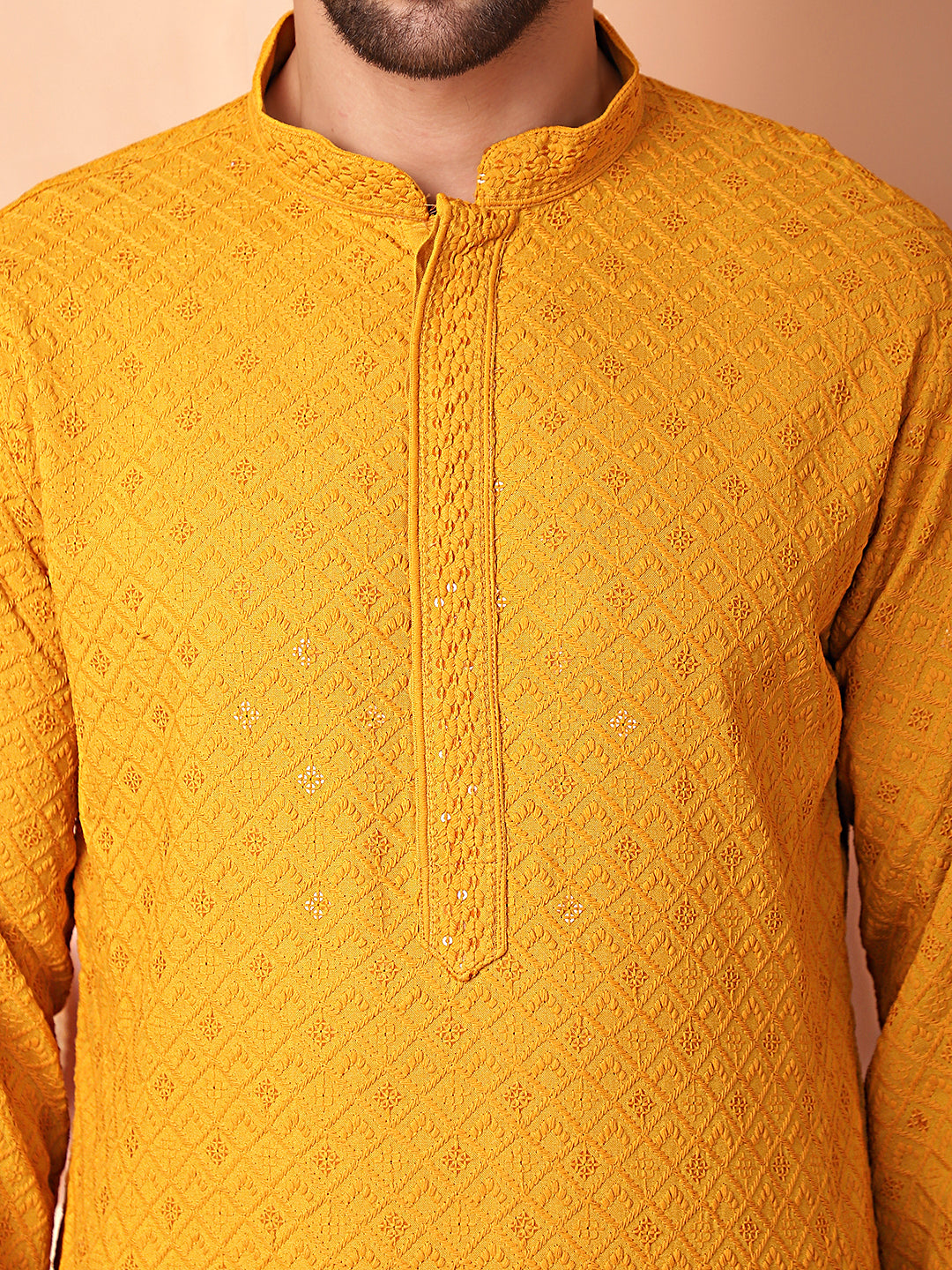 Men's Mustard Embroidered and Sequence Kurta with Pyjama - Taantav