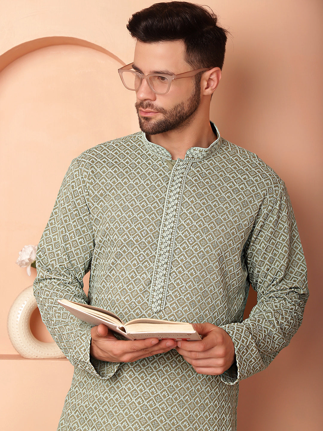 Men's Green Embroidered and Sequence Kurta with Pyjama - Taantav