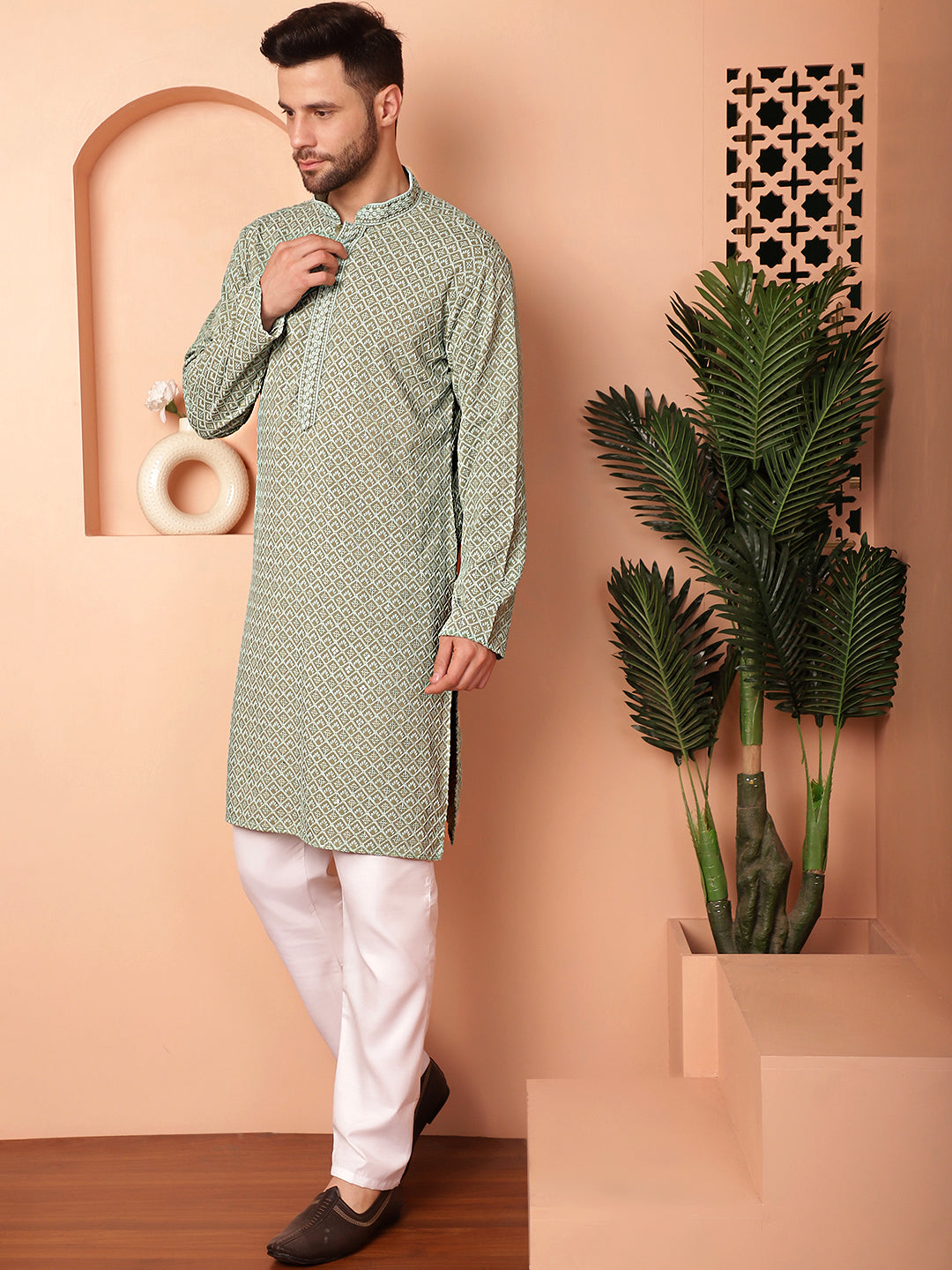 Men's Green Embroidered and Sequence Kurta with Pyjama - Taantav