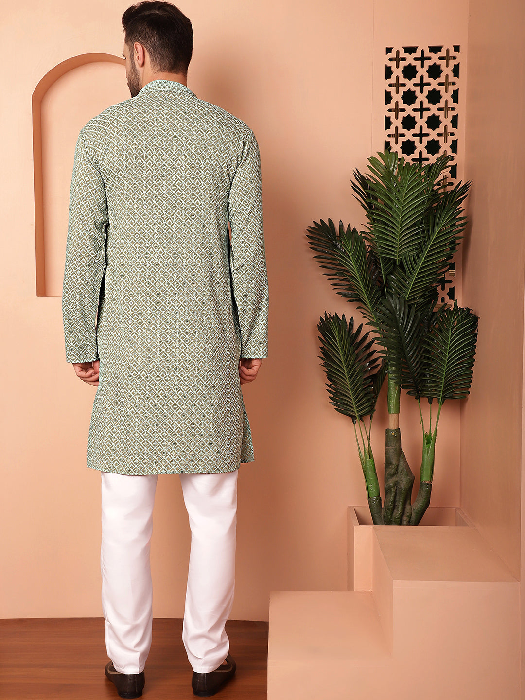 Men's Green Embroidered and Sequence Kurta with Pyjama - Taantav