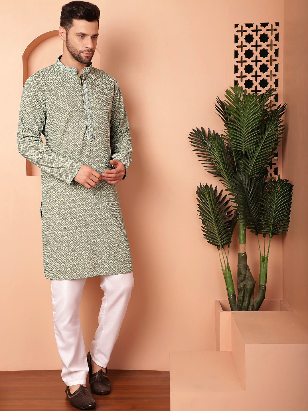 Men's Green Embroidered and Sequence Kurta with Pyjama - Taantav