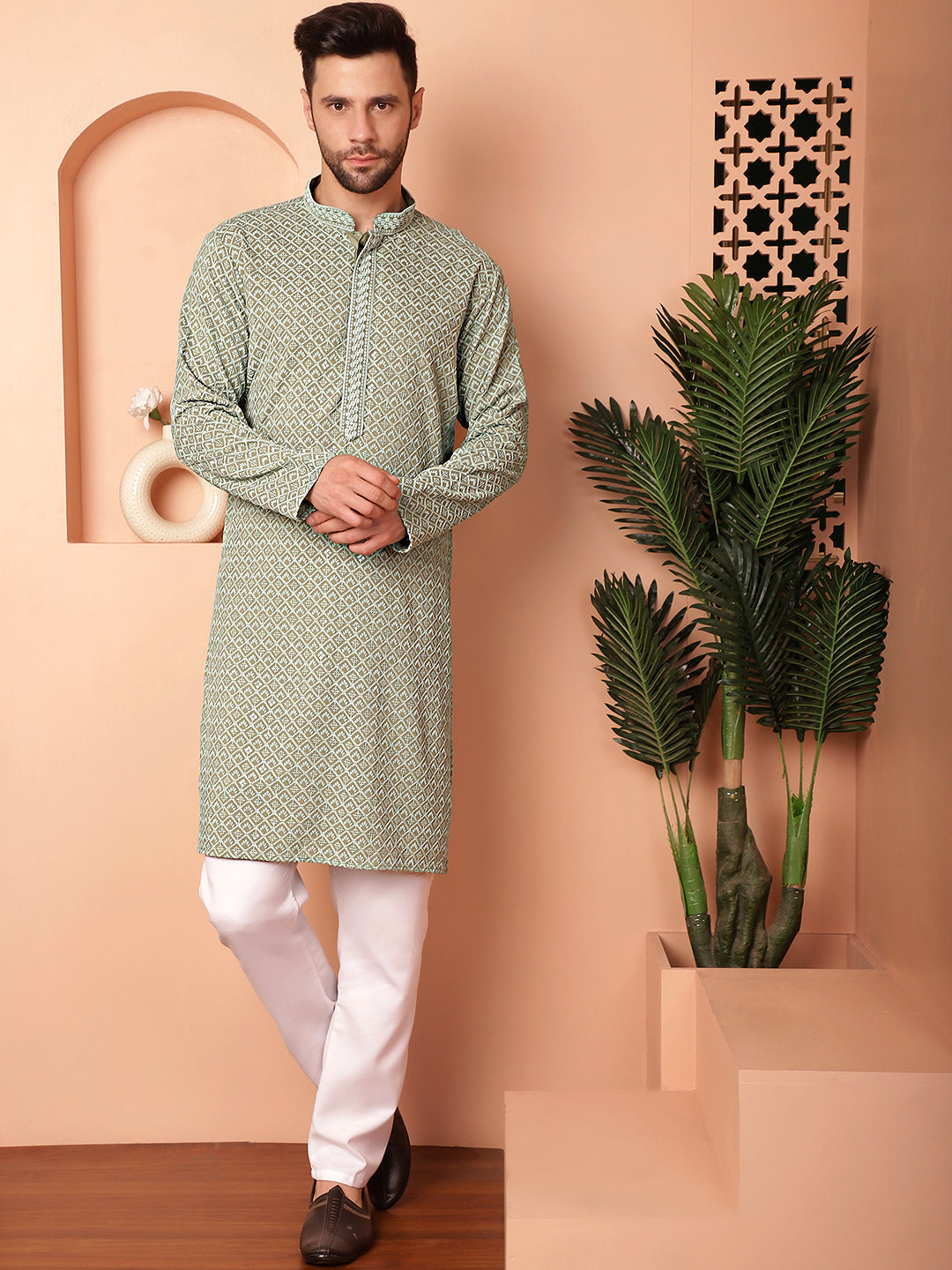 Men's Green Embroidered and Sequence Kurta with Pyjama - Taantav