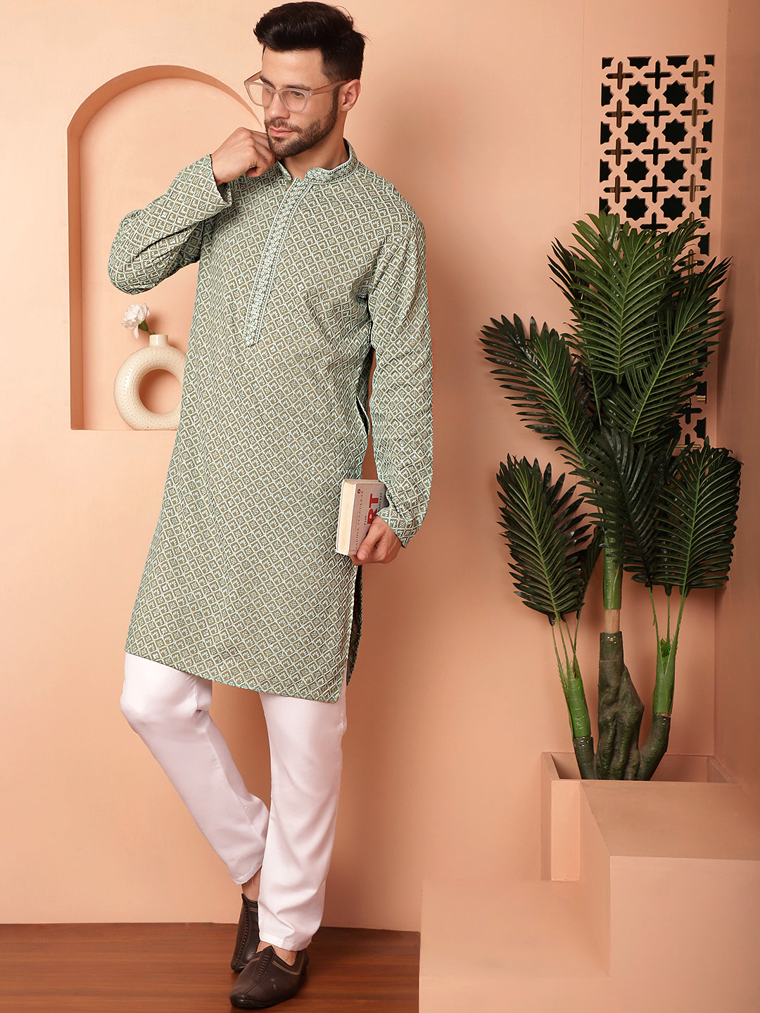 Men's Green Embroidered and Sequence Kurta with Pyjama - Taantav