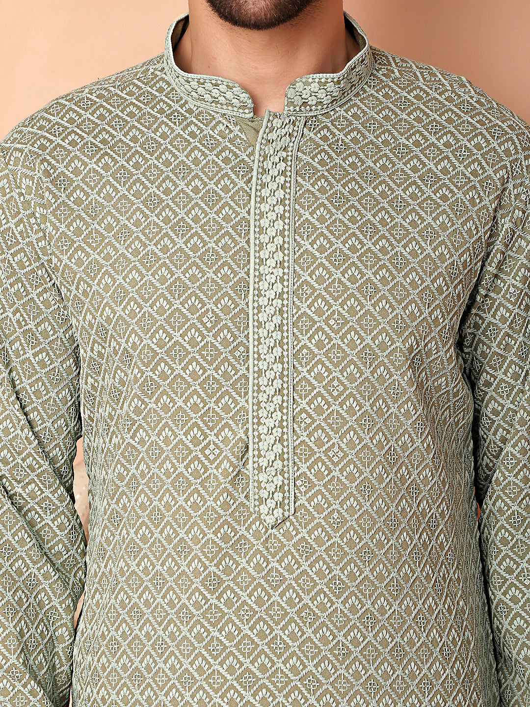 Men's Green Embroidered and Sequence Kurta with Pyjama - Taantav