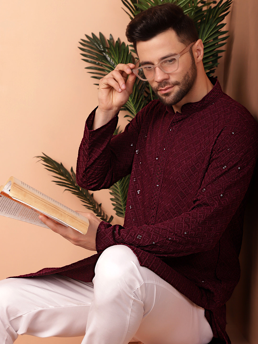 Men's Purple Embroidered and Sequence Kurta with Pyjama - Taantav