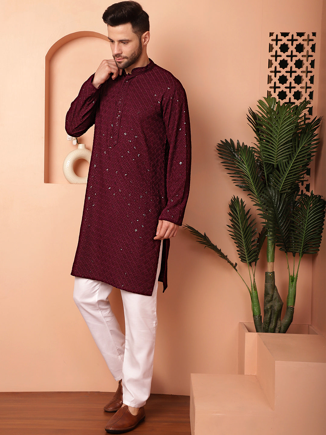 Men's Purple Embroidered and Sequence Kurta with Pyjama - Taantav