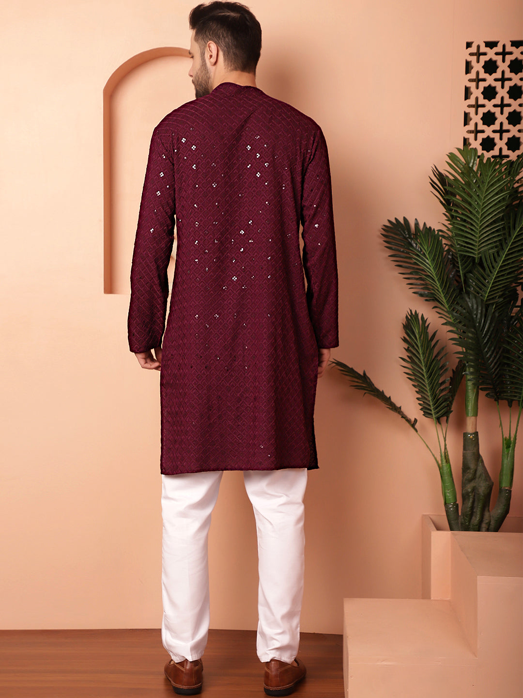 Men's Purple Embroidered and Sequence Kurta with Pyjama - Taantav