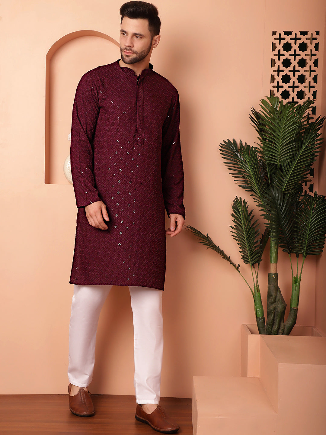 Men's Purple Embroidered and Sequence Kurta with Pyjama - Taantav