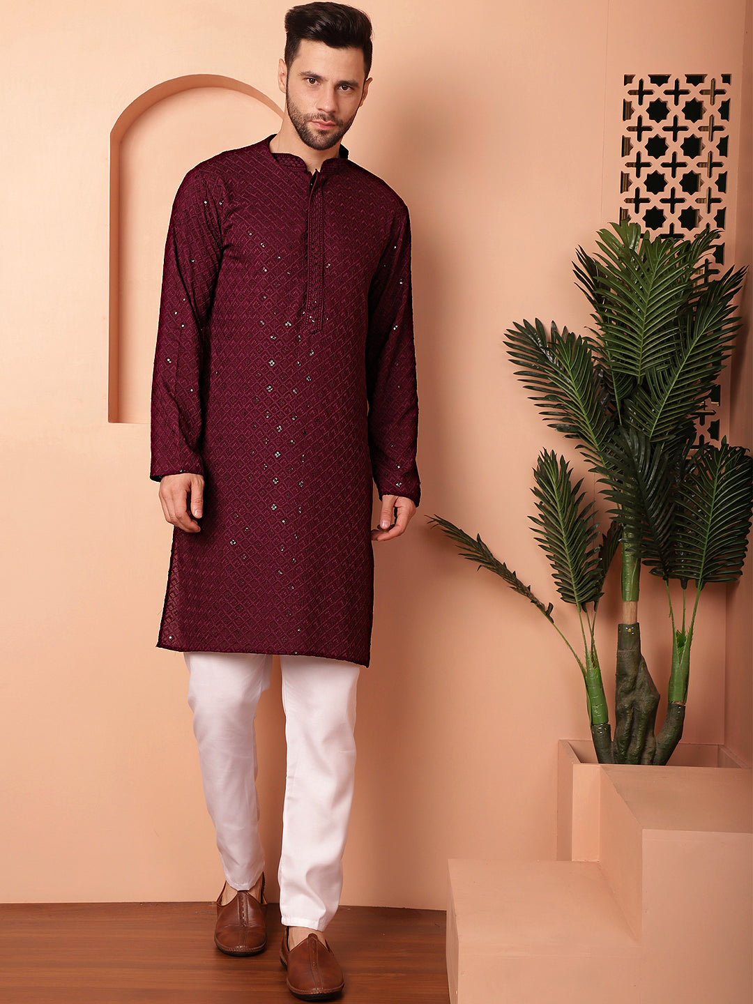 Men's Purple Embroidered and Sequence Kurta with Pyjama - Taantav