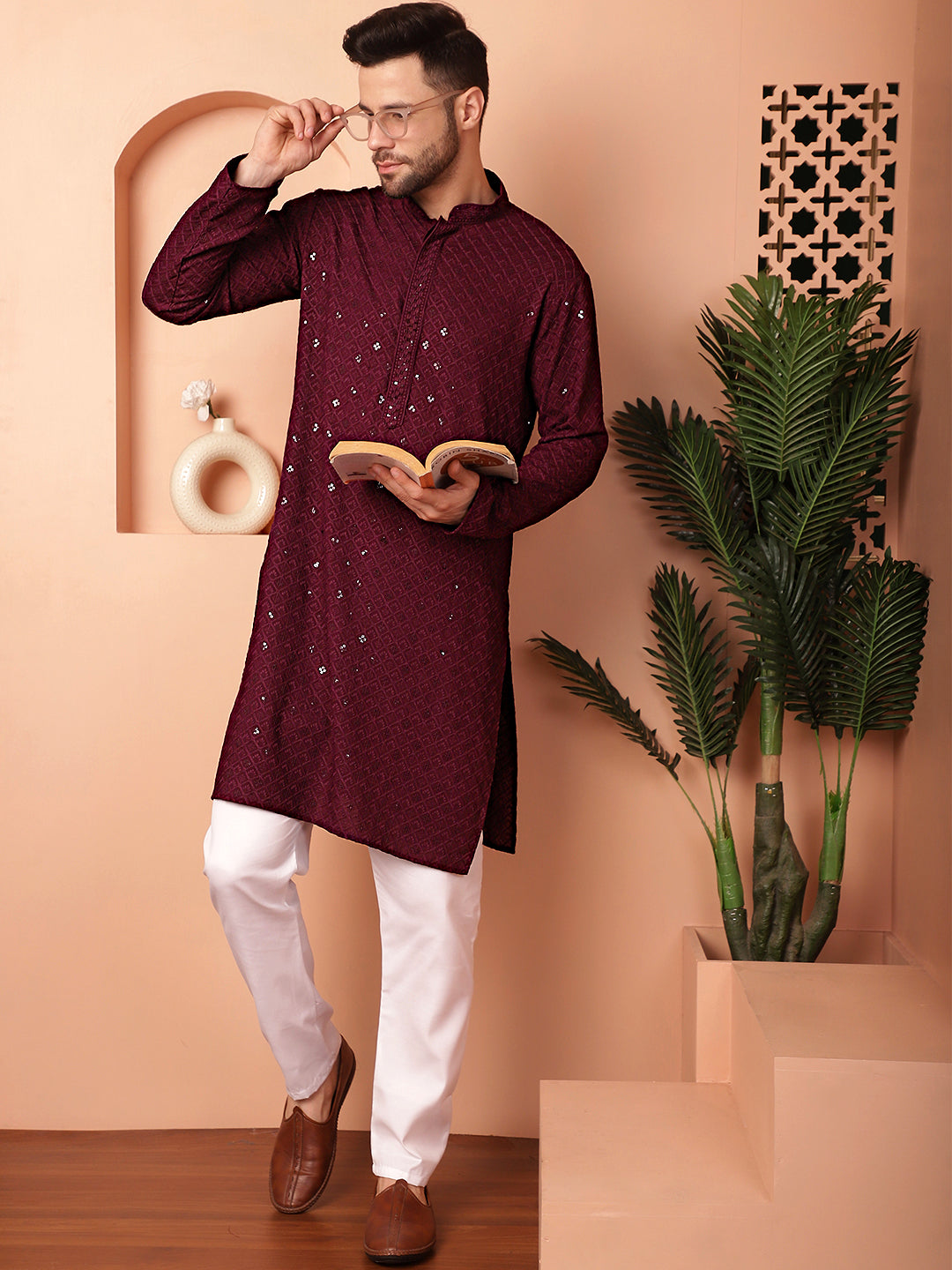 Men's Purple Embroidered and Sequence Kurta with Pyjama - Taantav