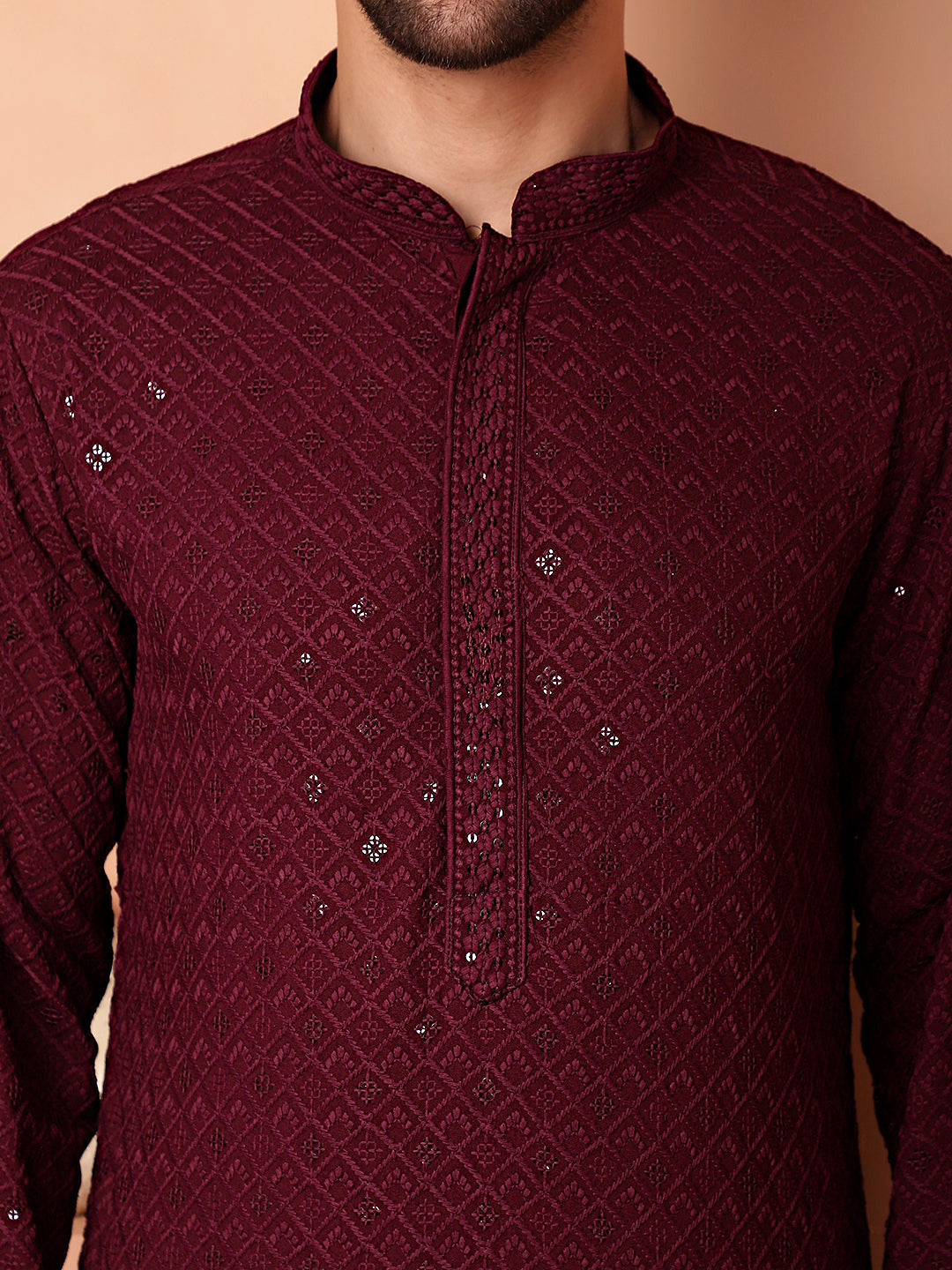 Men's Purple Embroidered and Sequence Kurta with Pyjama - Taantav