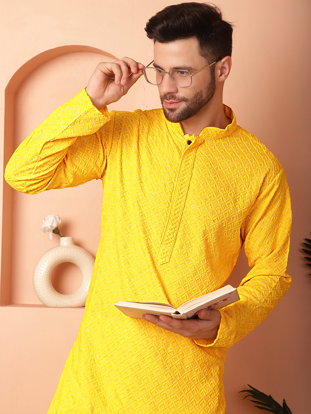 Men's Yellow Embroidered and Sequence Kurta with Pyjama - Taantav