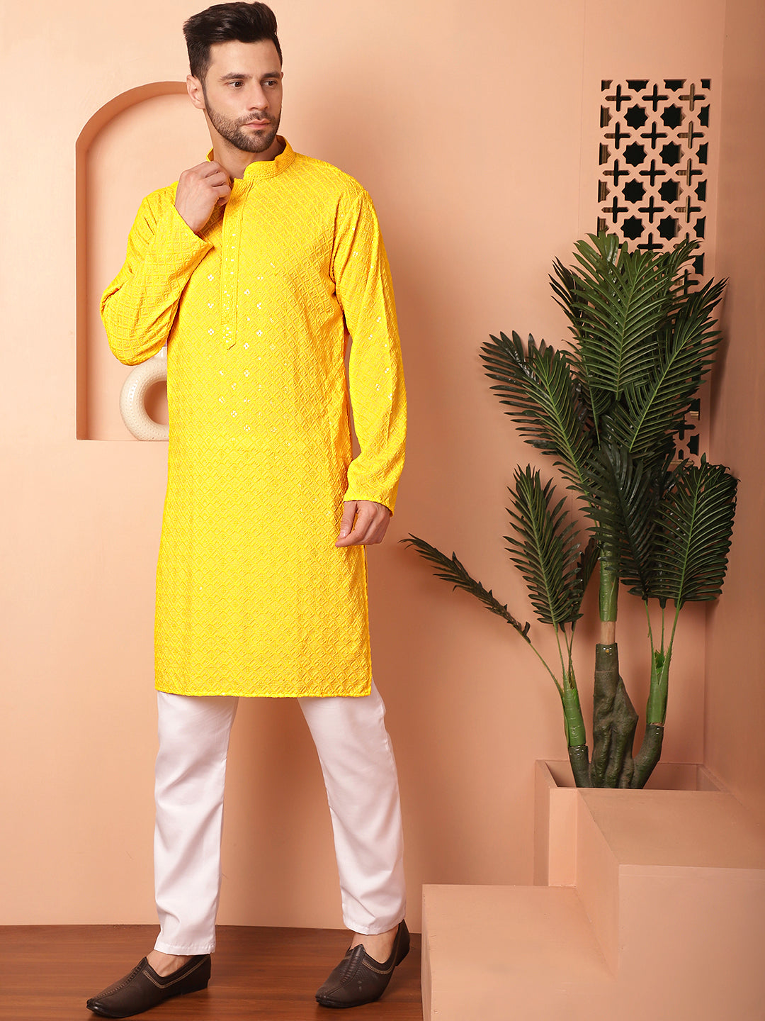 Men's Yellow Embroidered and Sequence Kurta with Pyjama - Taantav