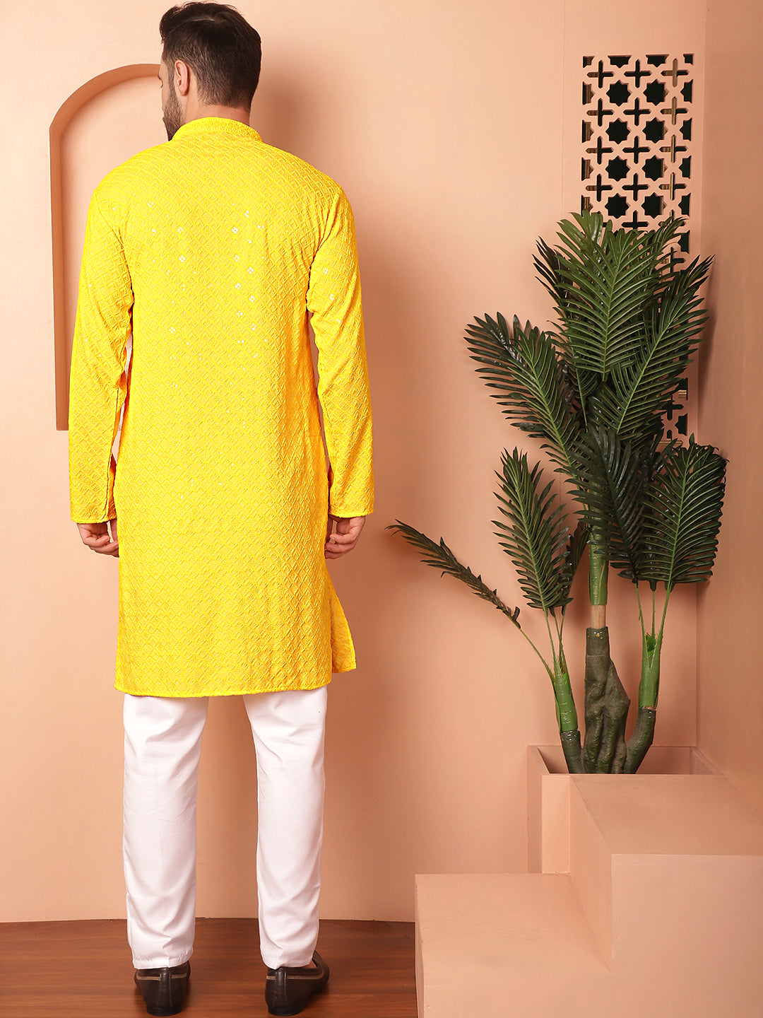 Men's Yellow Embroidered and Sequence Kurta with Pyjama - Taantav