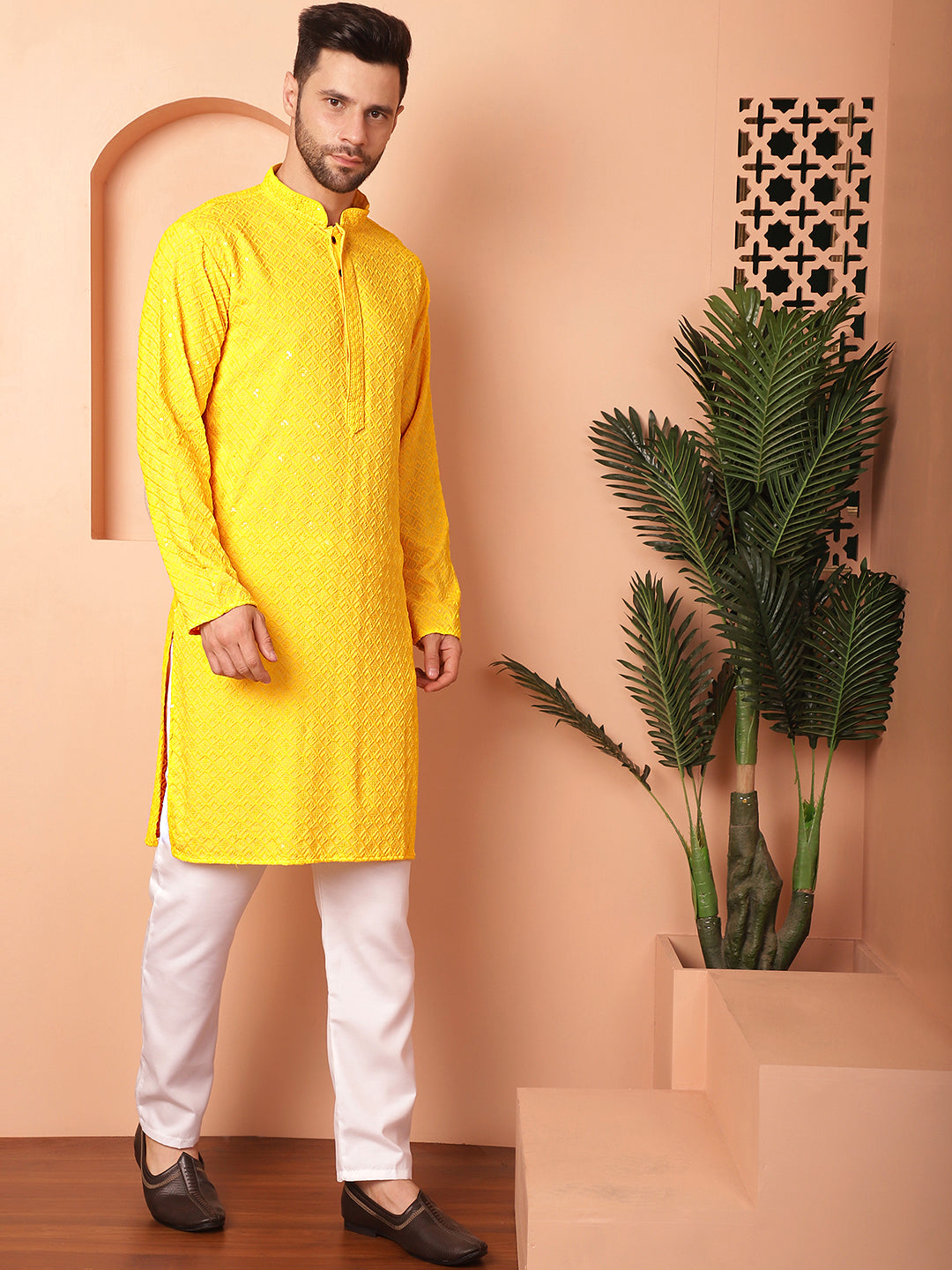 Men's Yellow Embroidered and Sequence Kurta with Pyjama - Taantav