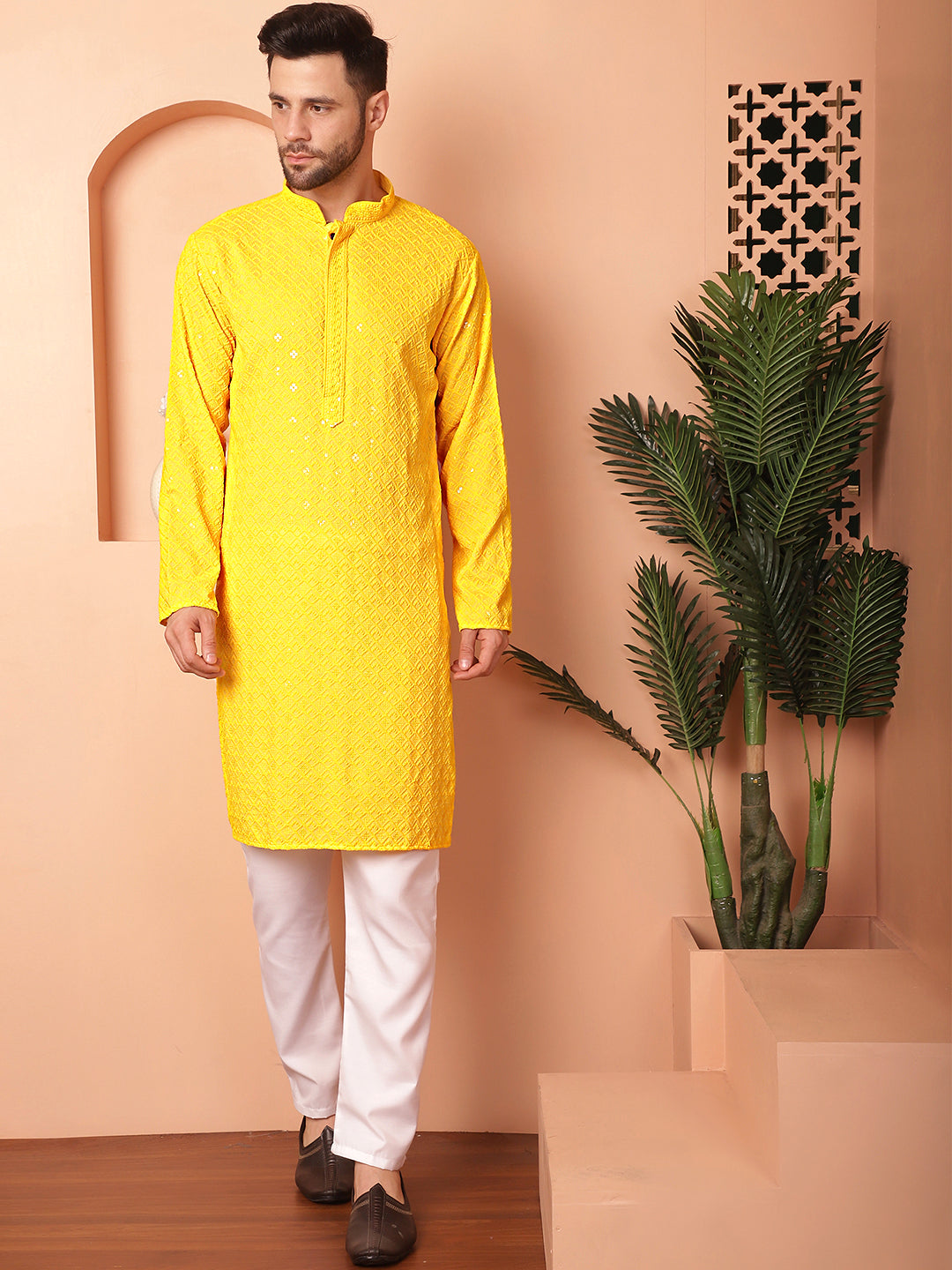 Men's Yellow Embroidered and Sequence Kurta with Pyjama - Taantav