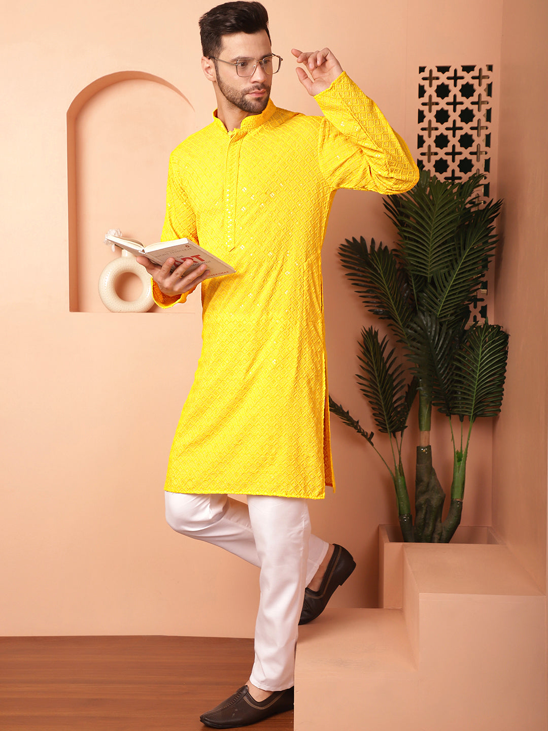 Men's Yellow Embroidered and Sequence Kurta with Pyjama - Taantav