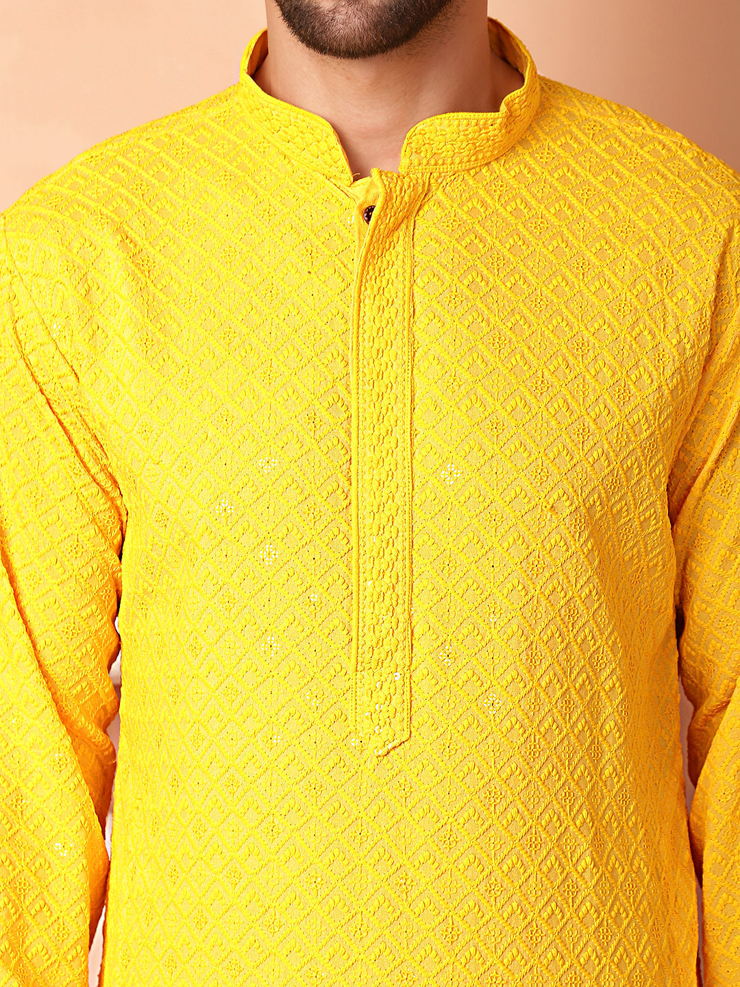 Men's Yellow Embroidered and Sequence Kurta with Pyjama - Taantav