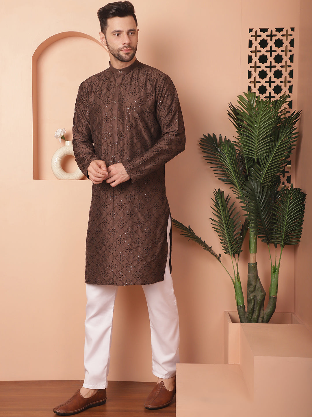 Men's Chikankari and Sequence Kurta with Pyjama - Taantav