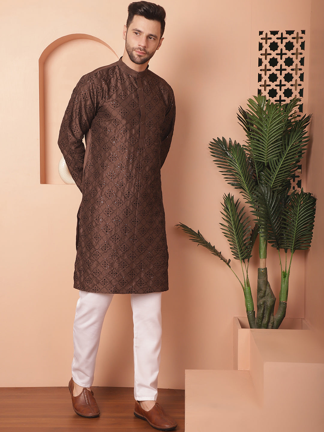 Men's Chikankari and Sequence Kurta with Pyjama - Taantav