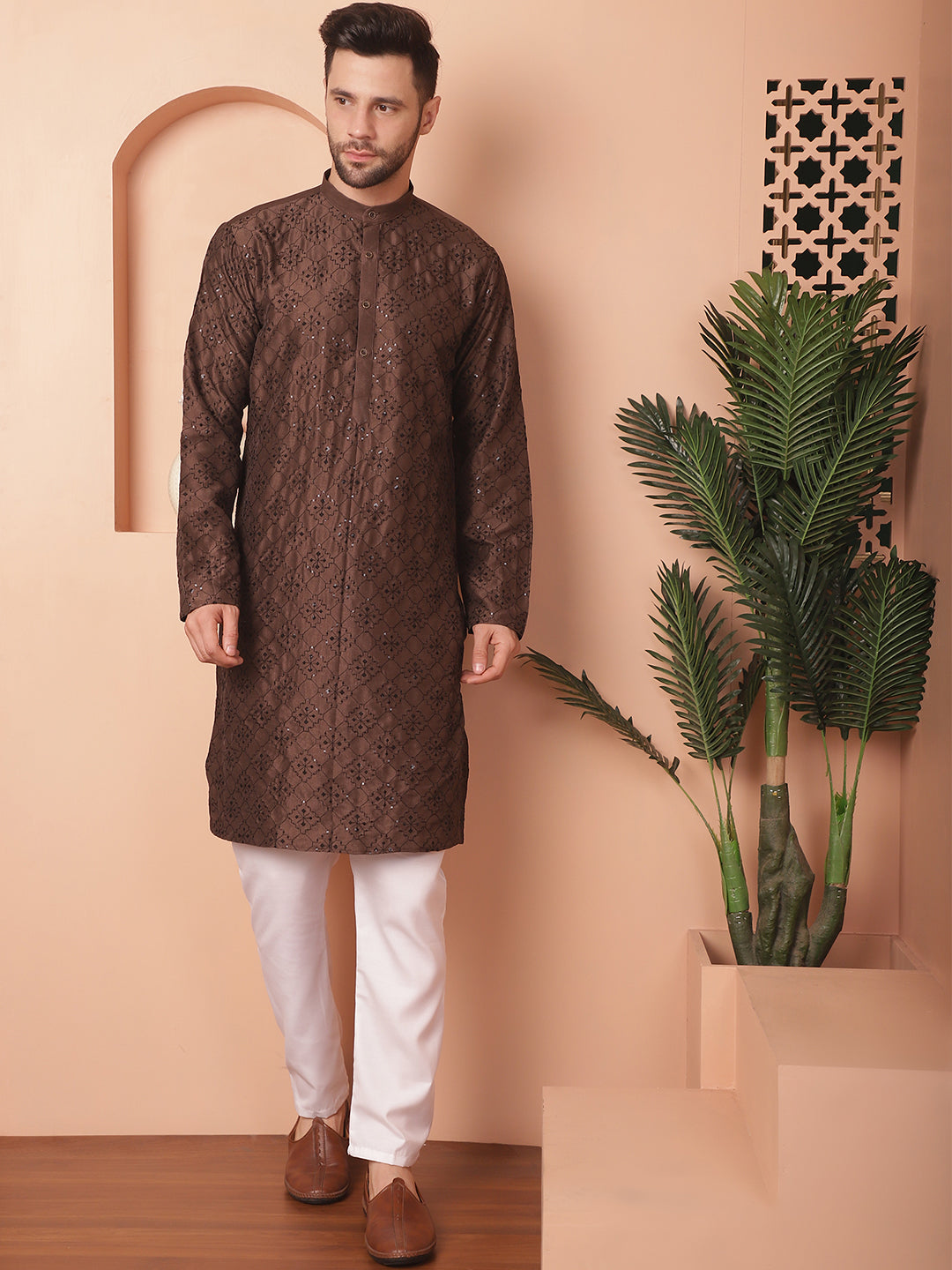 Men's Chikankari and Sequence Kurta with Pyjama - Taantav