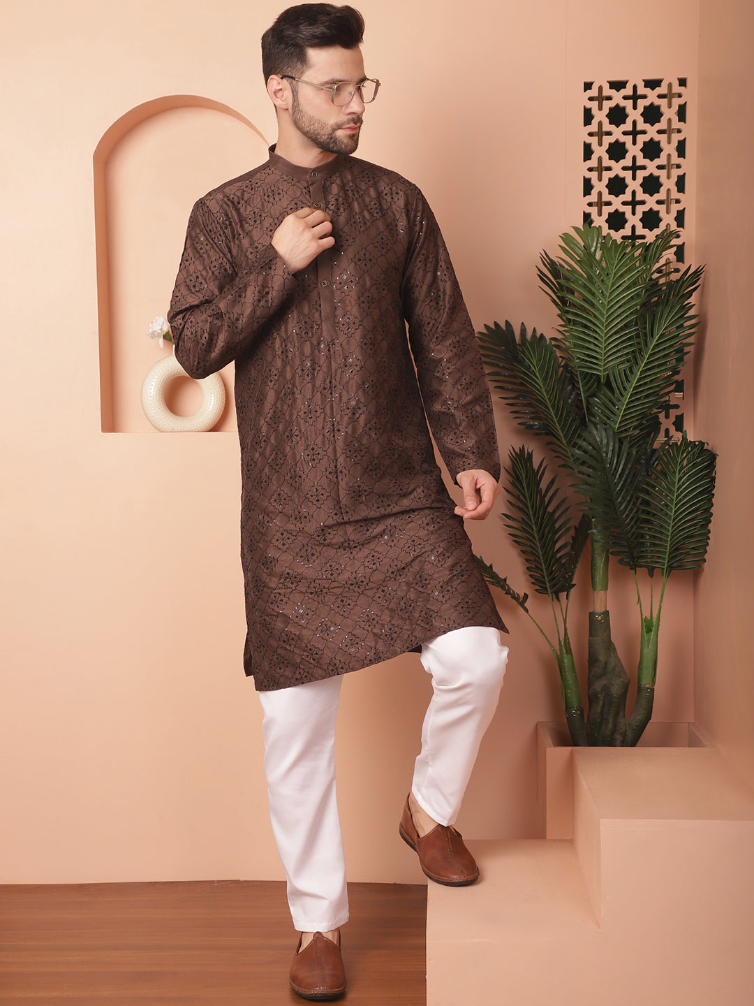 Men's Chikankari and Sequence Kurta with Pyjama - Taantav