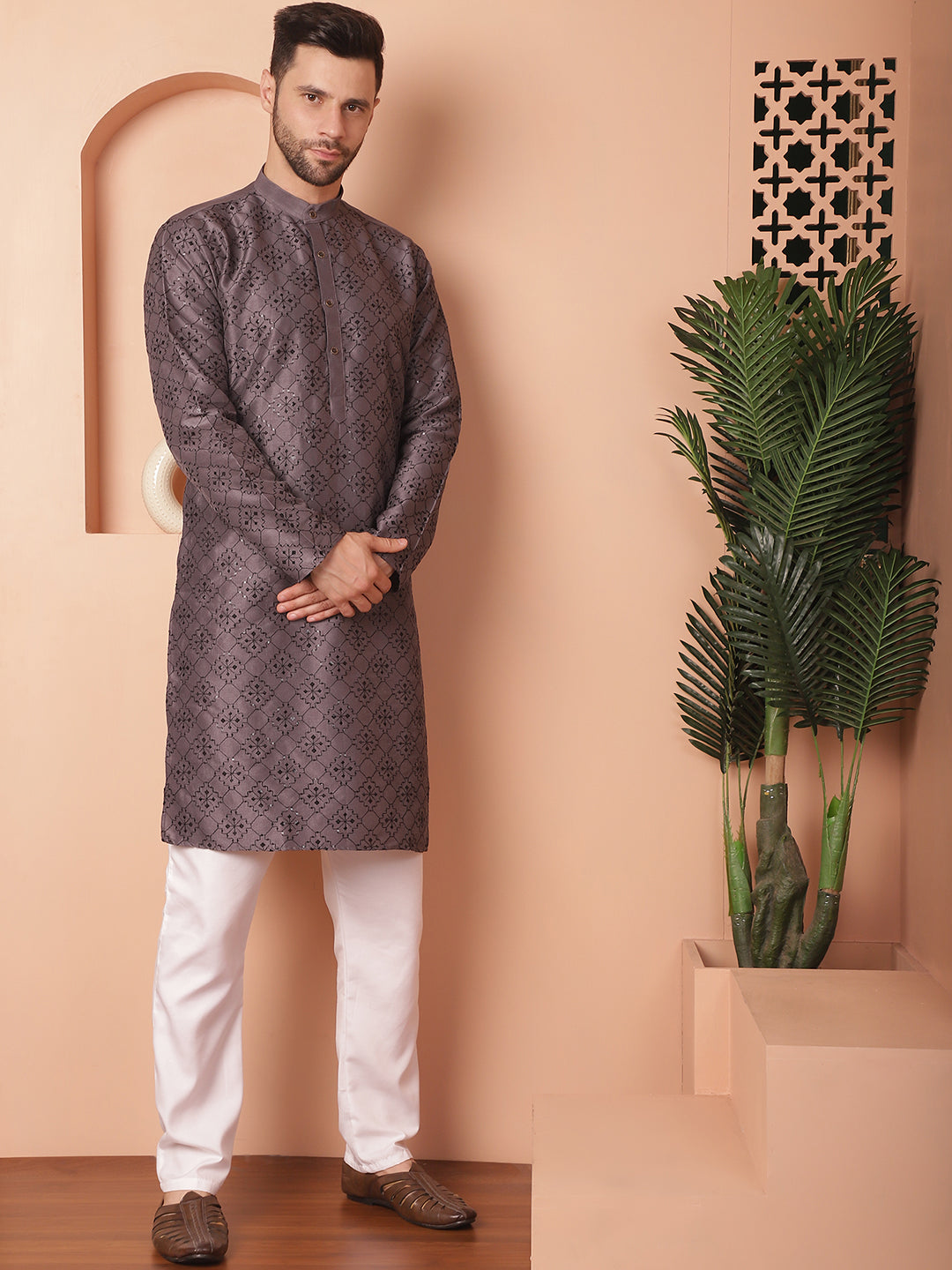 Men's Chikankari and Sequence Kurta with Pyjama - Taantav