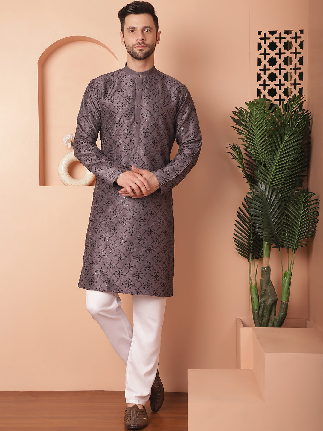 Men's Chikankari and Sequence Kurta with Pyjama - Taantav