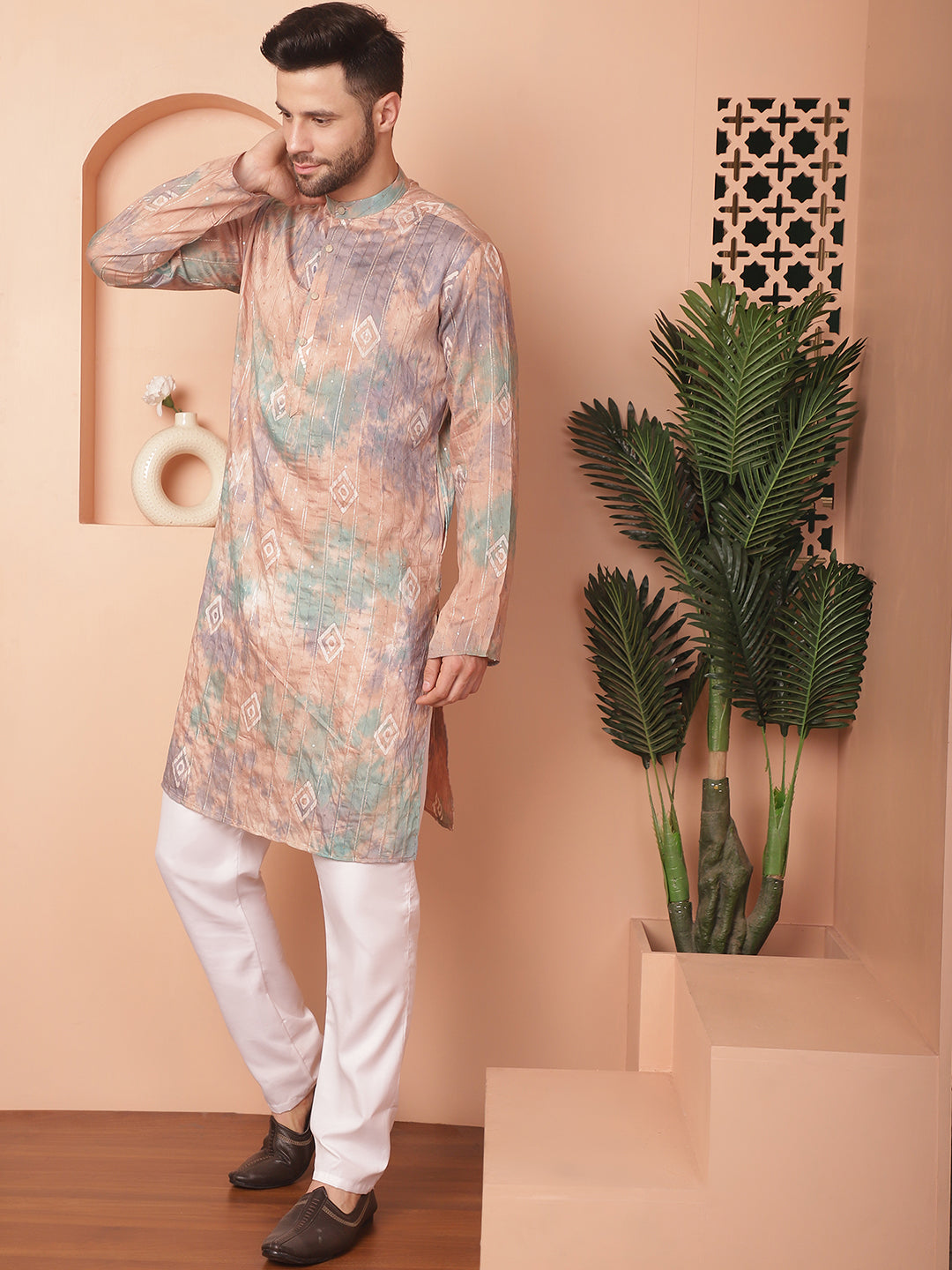 Men's Multi Tie-Dye Printed Kurta Pyjama Set - Taantav