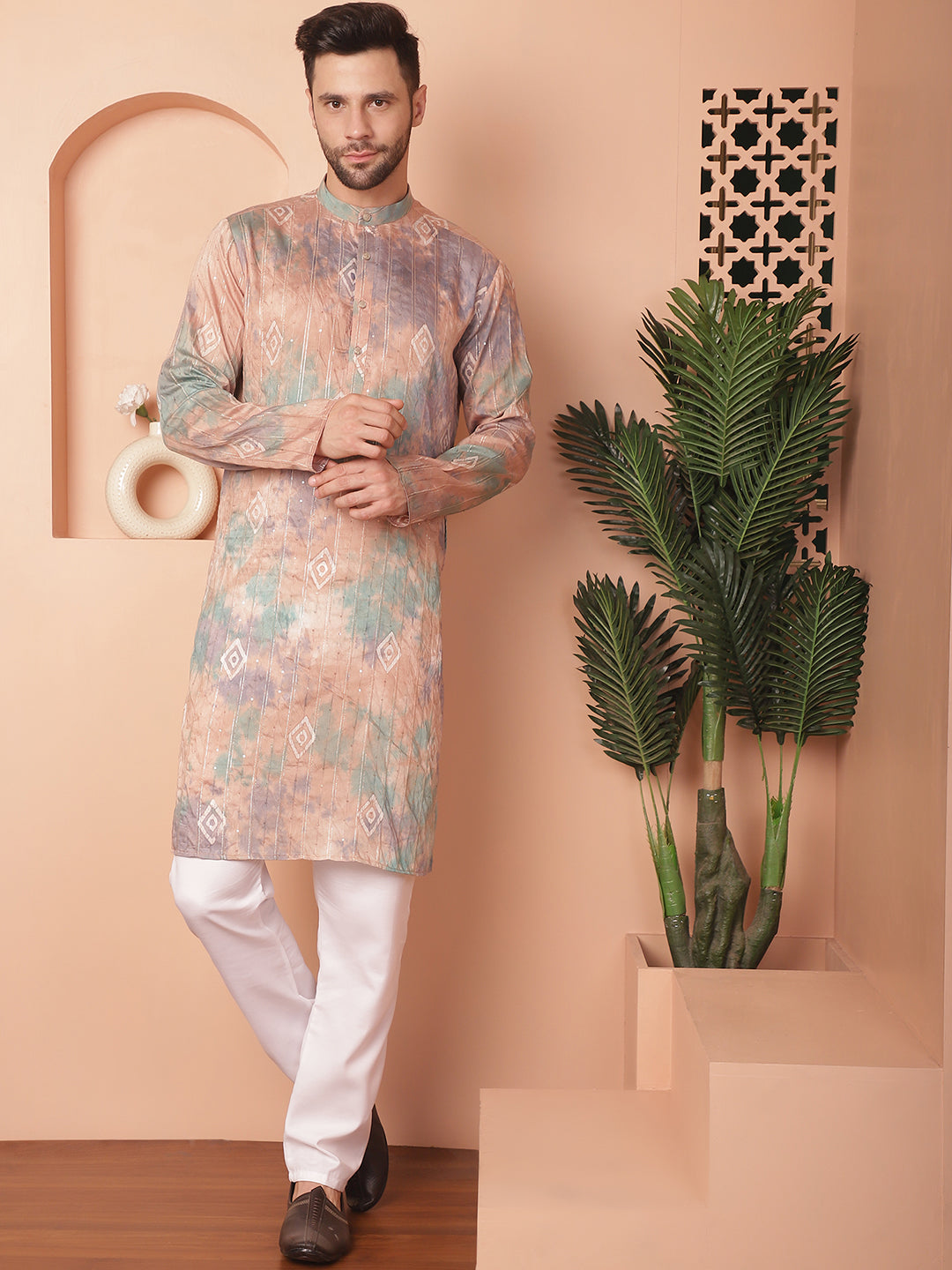 Men's Multi Tie-Dye Printed Kurta Pyjama Set - Taantav