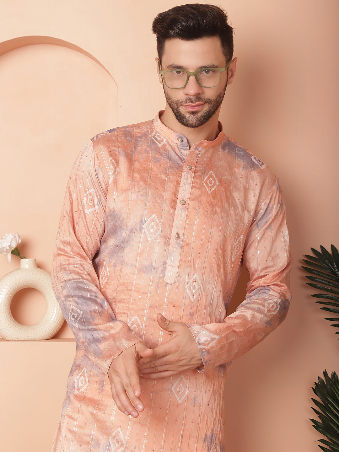 Men's Peach Tie-Dye Printed Kurta Pyjama Set - Taantav