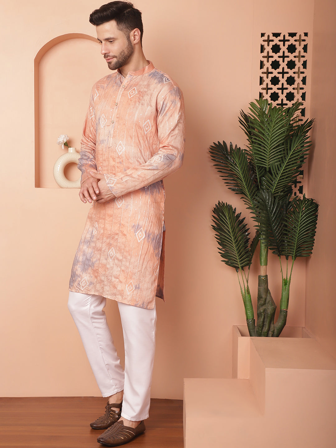 Men's Peach Tie-Dye Printed Kurta Pyjama Set - Taantav