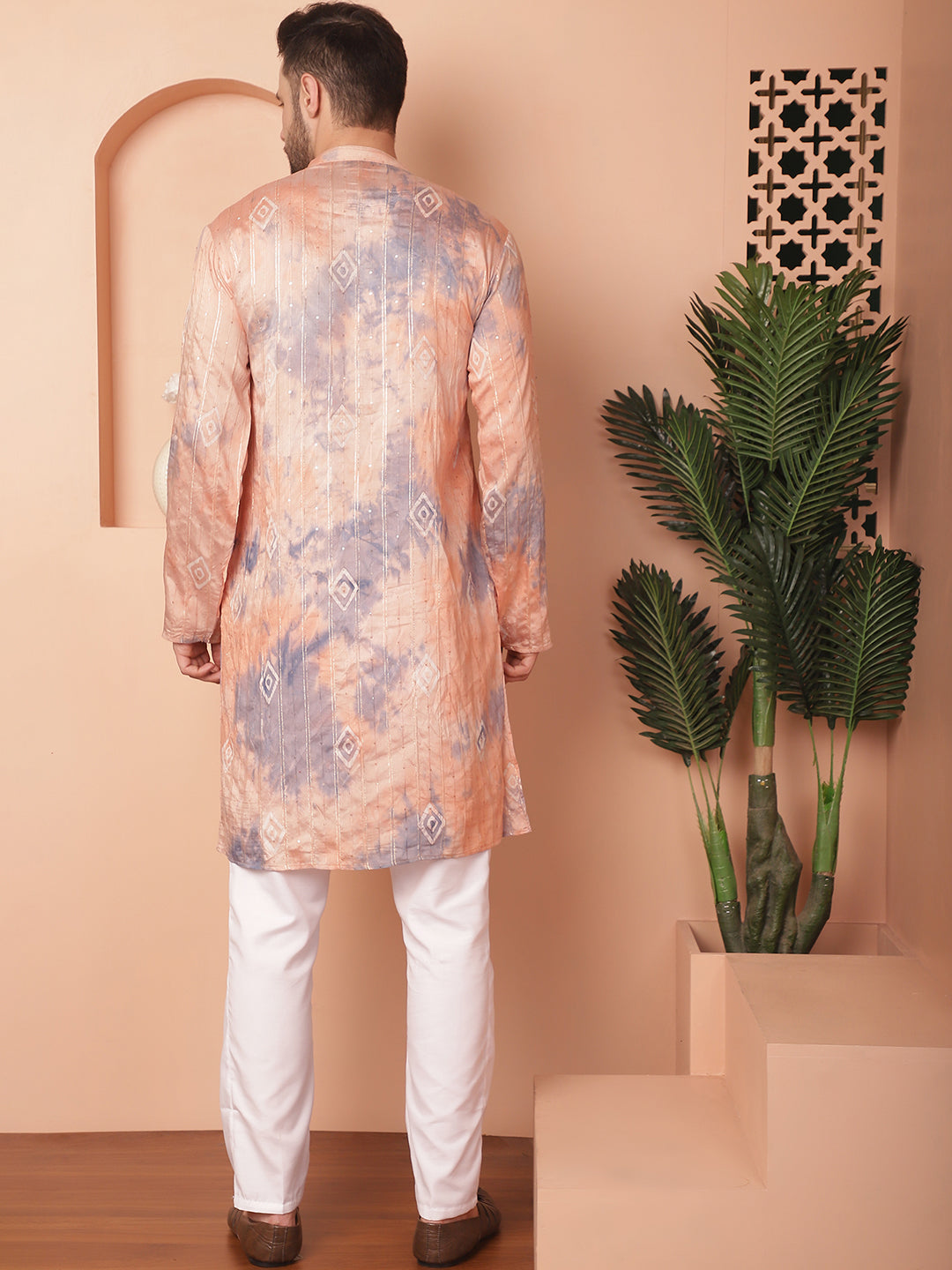 Men's Peach Tie-Dye Printed Kurta Pyjama Set - Taantav