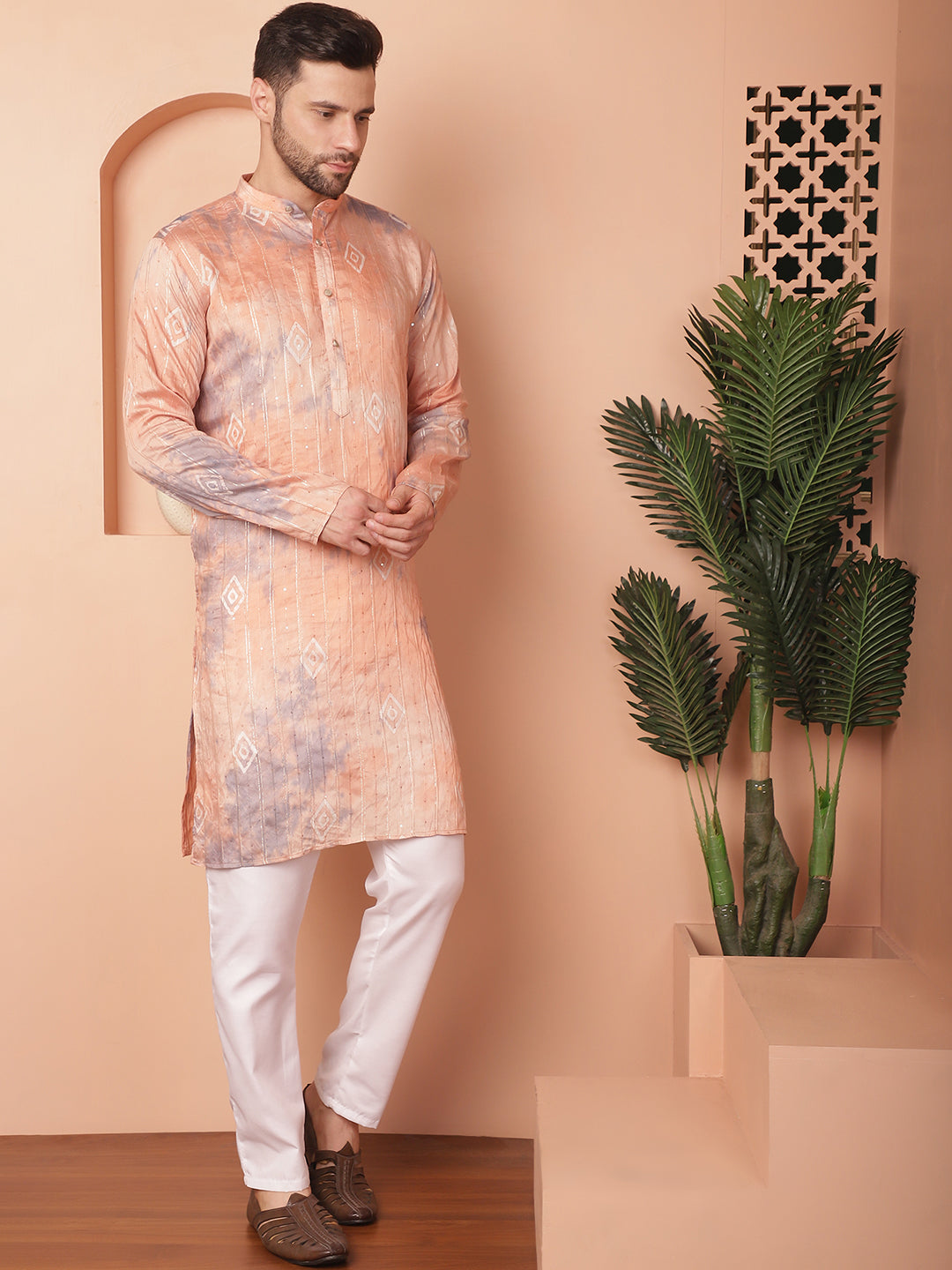 Men's Peach Tie-Dye Printed Kurta Pyjama Set - Taantav