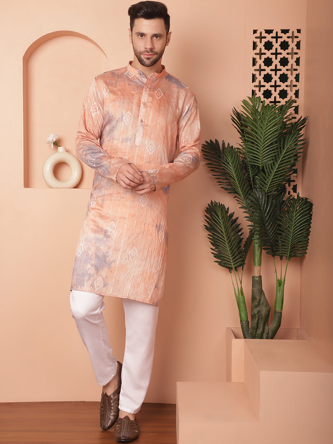 Men's Peach Tie-Dye Printed Kurta Pyjama Set - Taantav