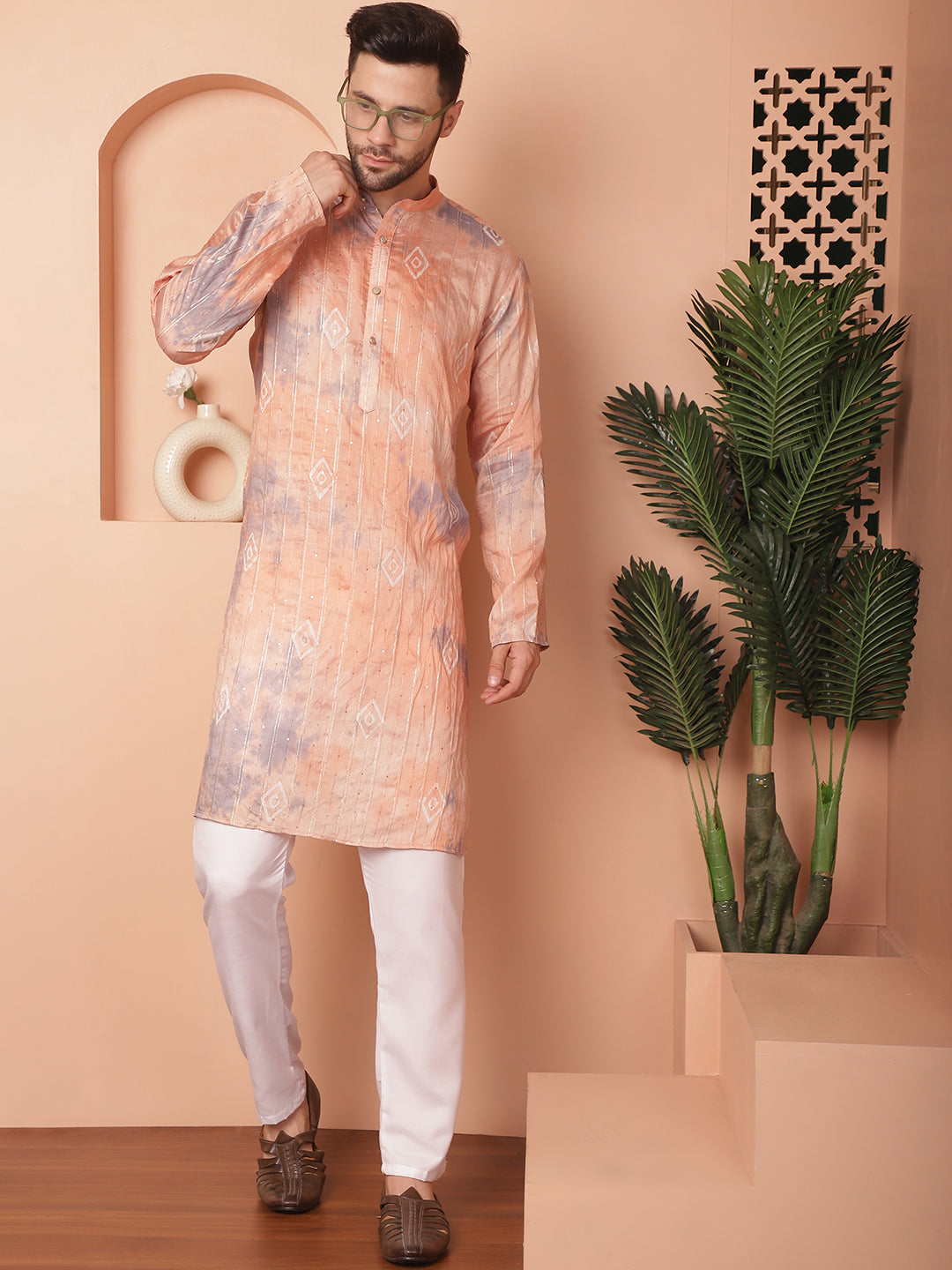 Men's Peach Tie-Dye Printed Kurta Pyjama Set - Taantav