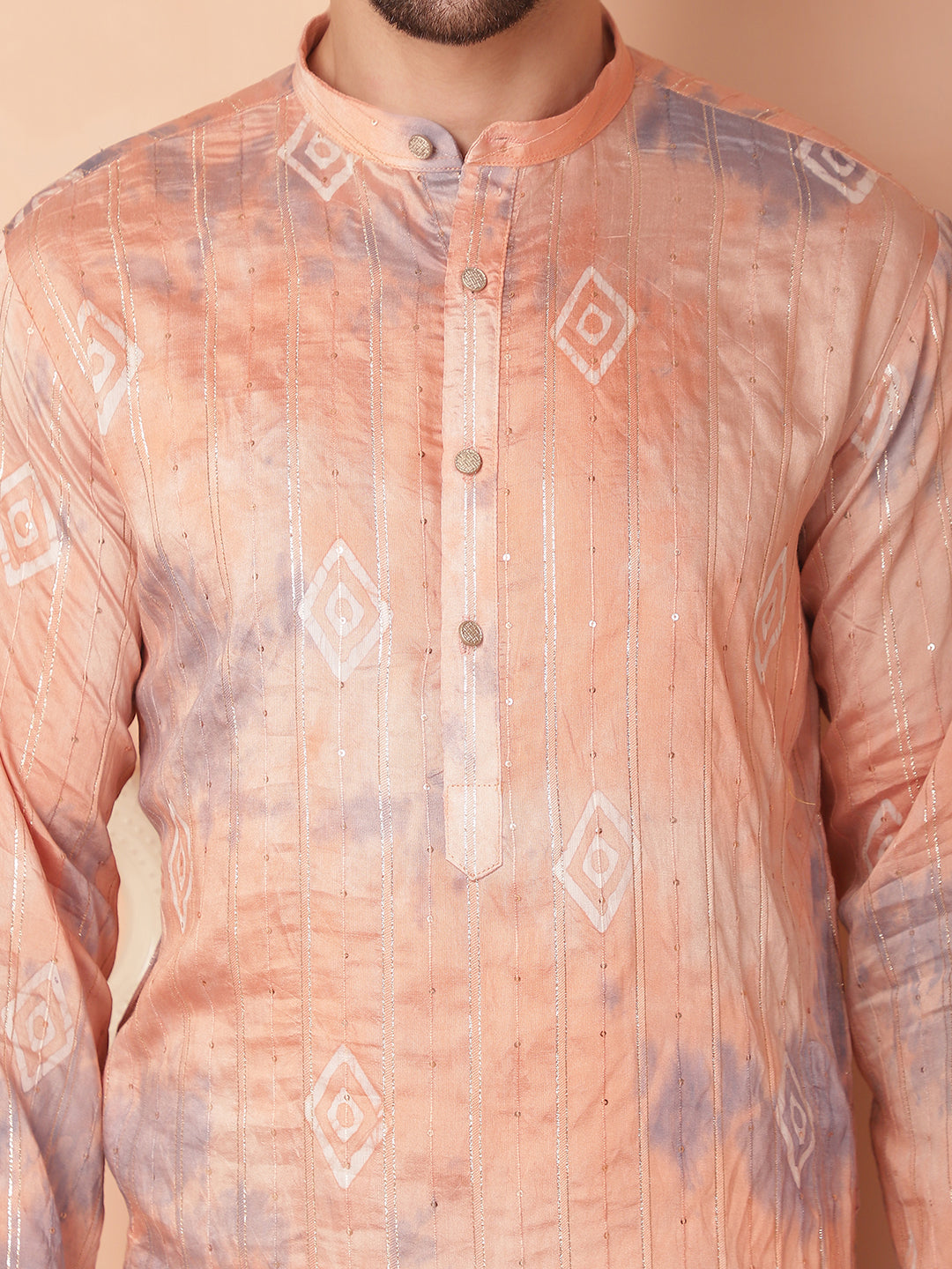 Men's Peach Tie-Dye Printed Kurta Pyjama Set - Taantav