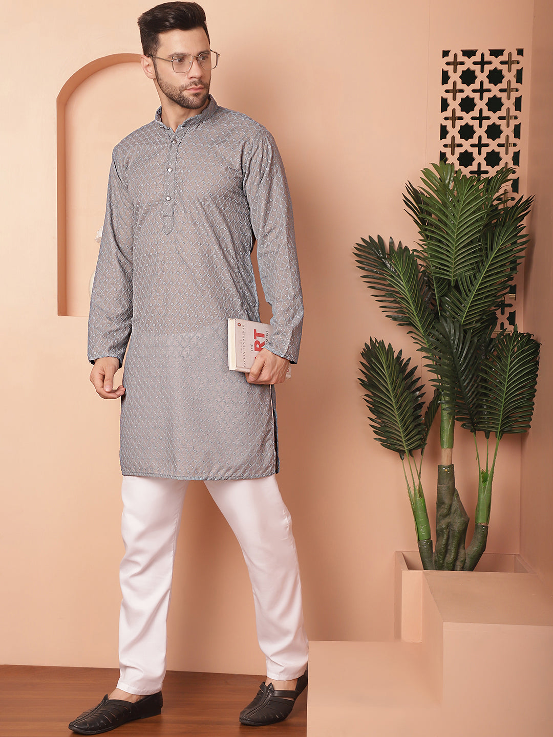 Men's Chikankari Pure Cotton Kurta with Churidar - Taantav