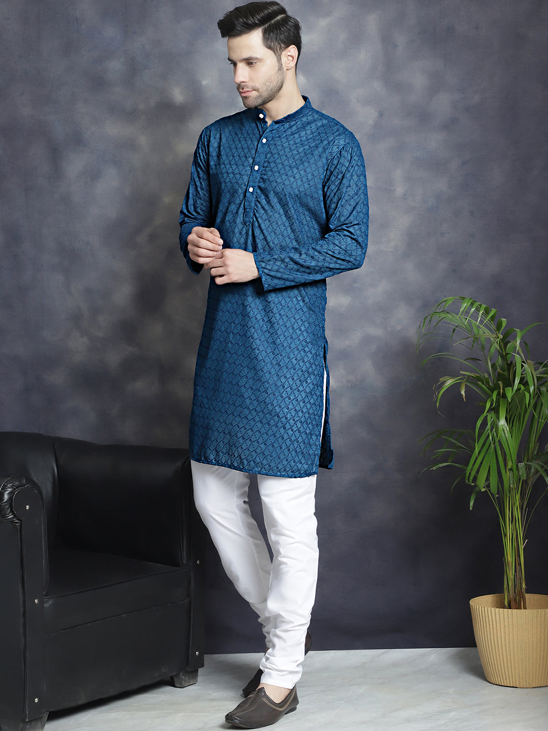 Men's Chikankari Pure Cotton Kurta with Churidar - Taantav