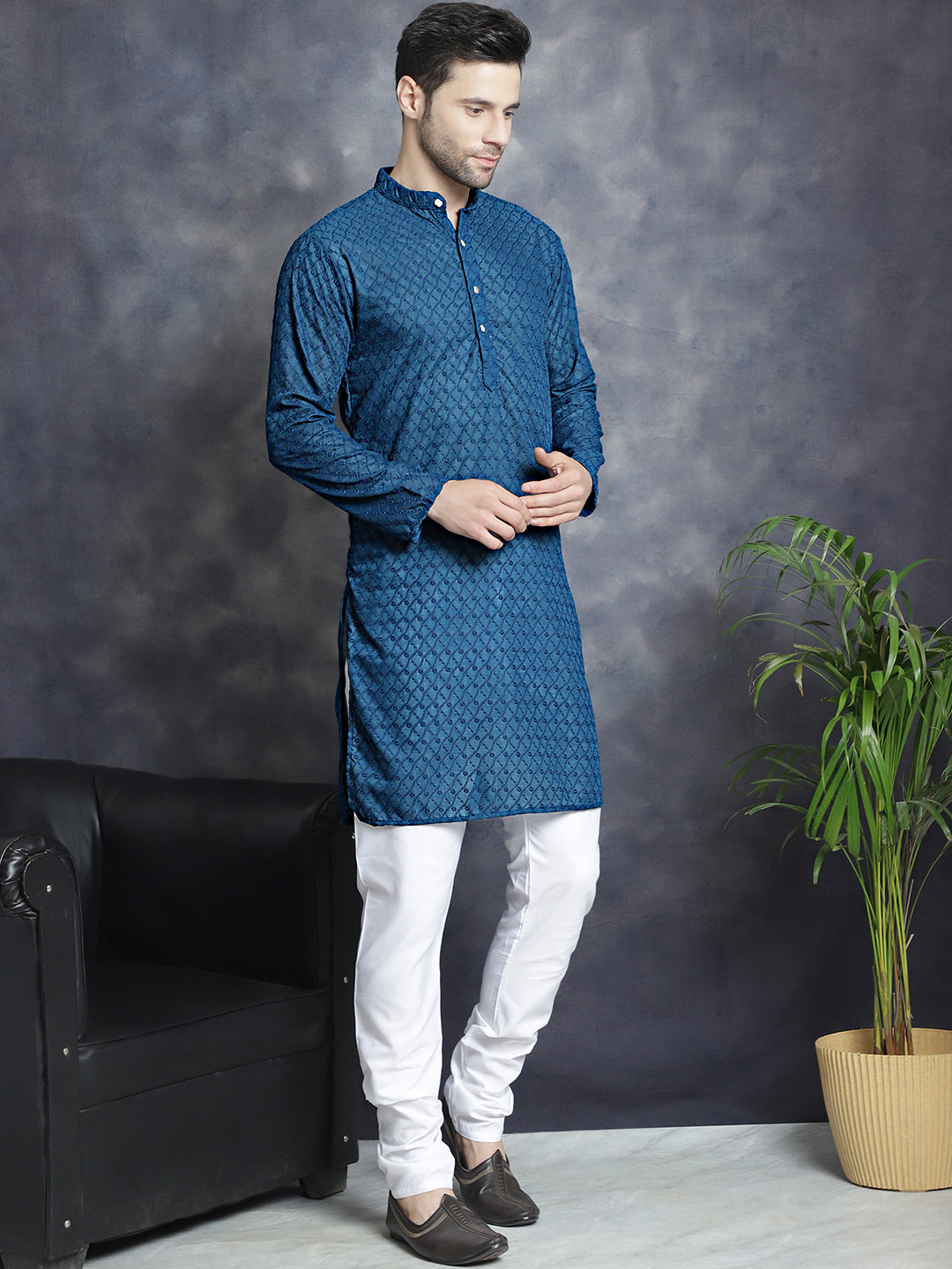 Men's Chikankari Pure Cotton Kurta with Churidar - Taantav