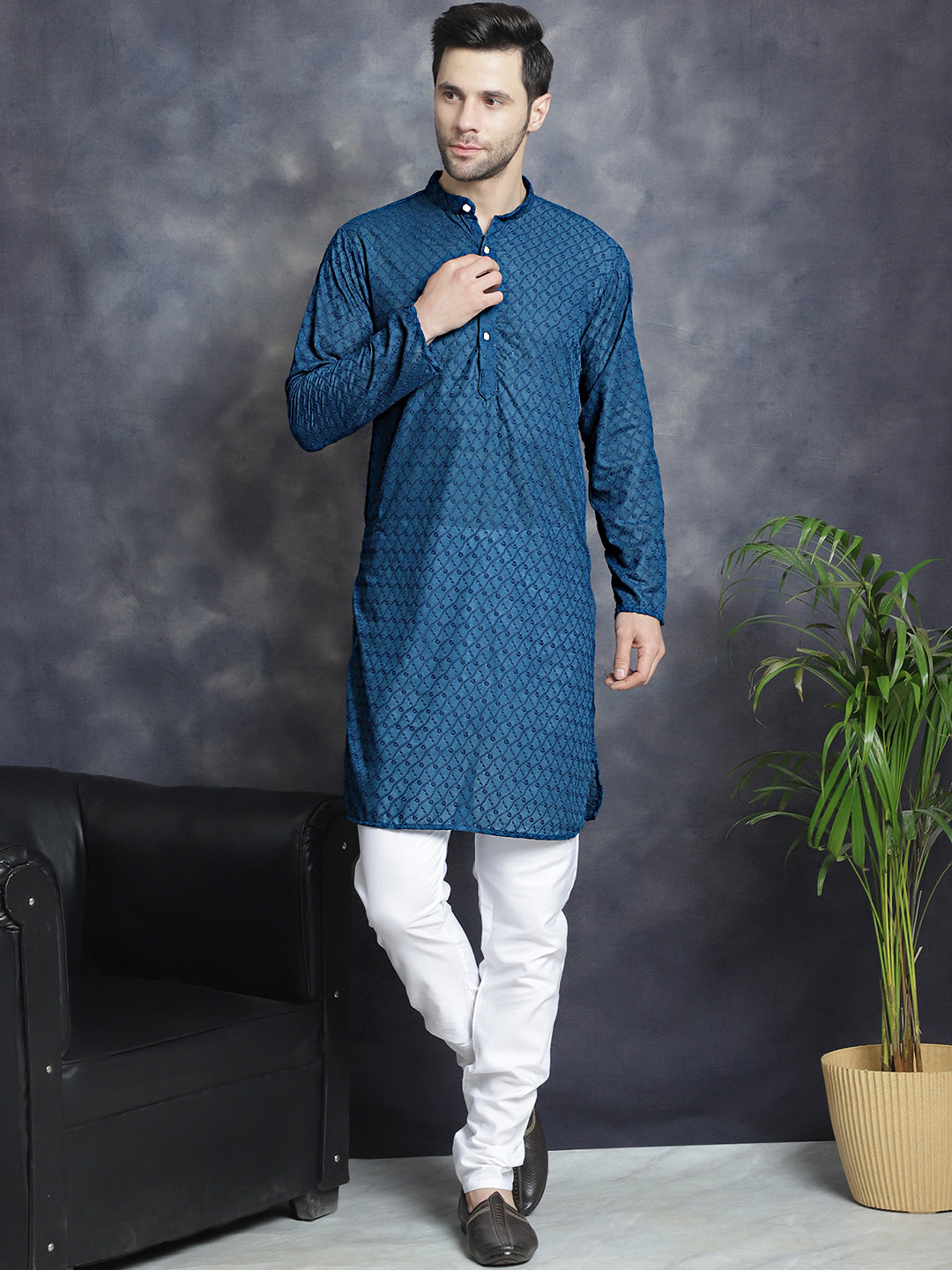 Men's Chikankari Pure Cotton Kurta with Churidar - Taantav