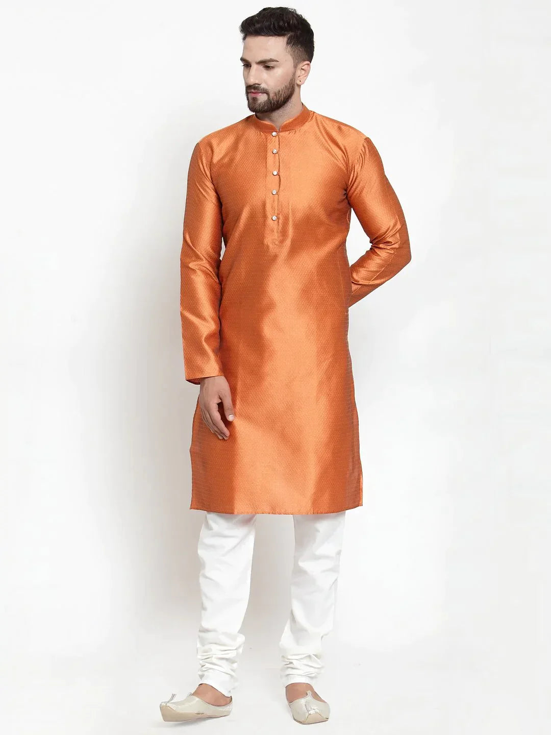 Men's Orange & White Self Design Kurta Only - Taantav