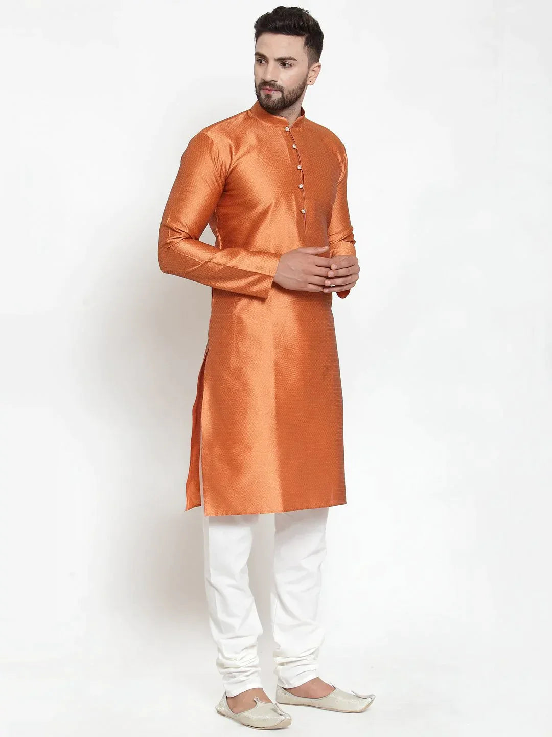 Men's Orange & White Self Design Kurta Only - Taantav