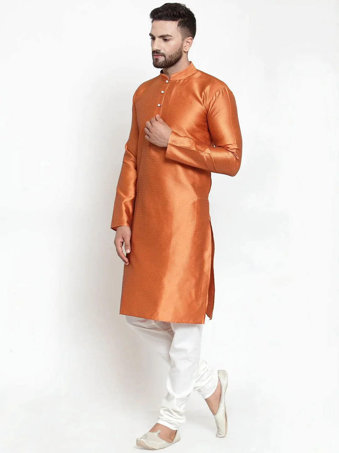 Men's Orange & White Self Design Kurta with Churidar - Taantav