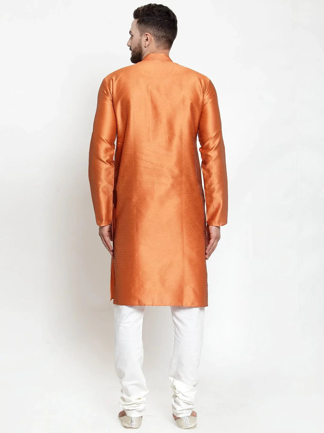 Men's Orange & White Self Design Kurta with Churidar - Taantav