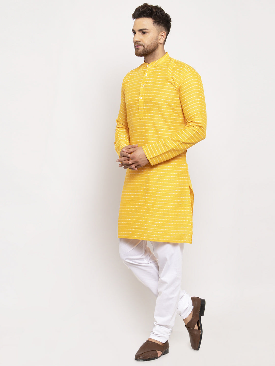 Men's Yellow Woven Design Straight Kurta with Churidar ( JOKP 616 Yellow ) - Final Clearance Sale